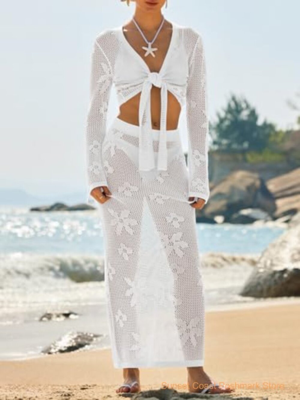 Crochet Swim Cover Up Set V Neck Long Sleeve Wrap Tie Beach - Picture 4 of 7